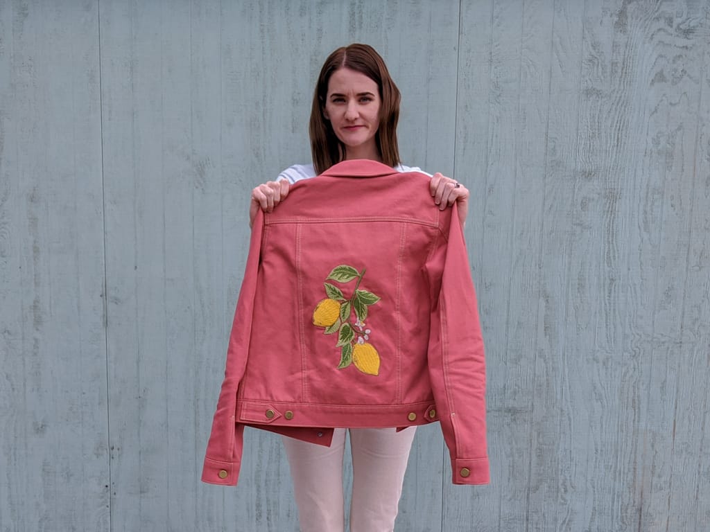 Lemons embroidered on pink hampton jean jacket